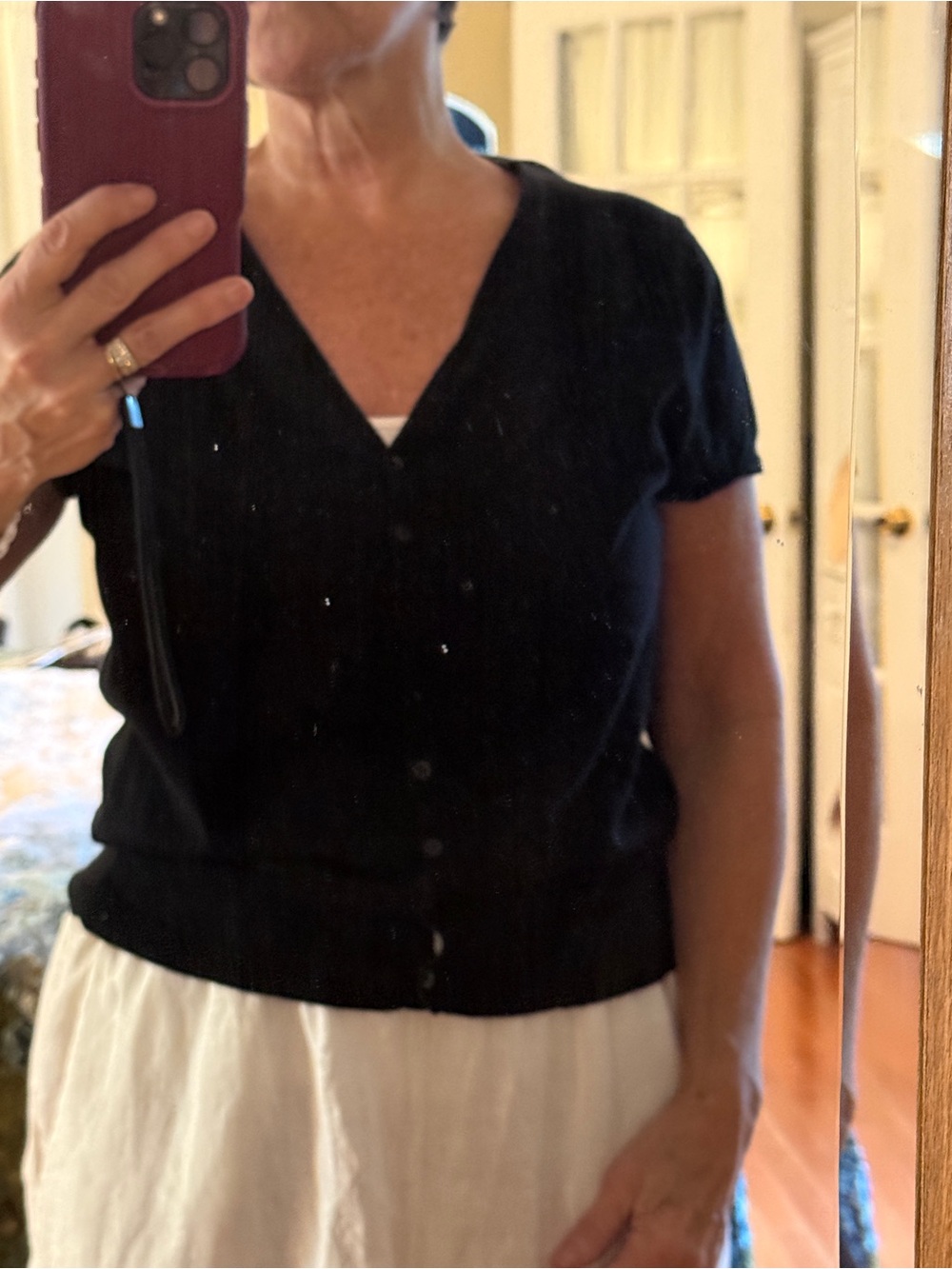 Eileen Fisher Black Short-Sleeve V-Neck Button Cardigan